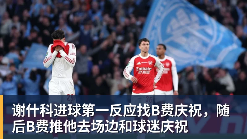 谢什科进球第一反应找B费庆祝，随后B费推他去场边和球迷庆祝